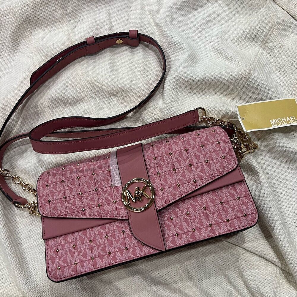 MICHAEL KORS Greenwich Quilted Faux Leather Studded Shoulder Crossbody Rose NWT - Picture 1 of 15